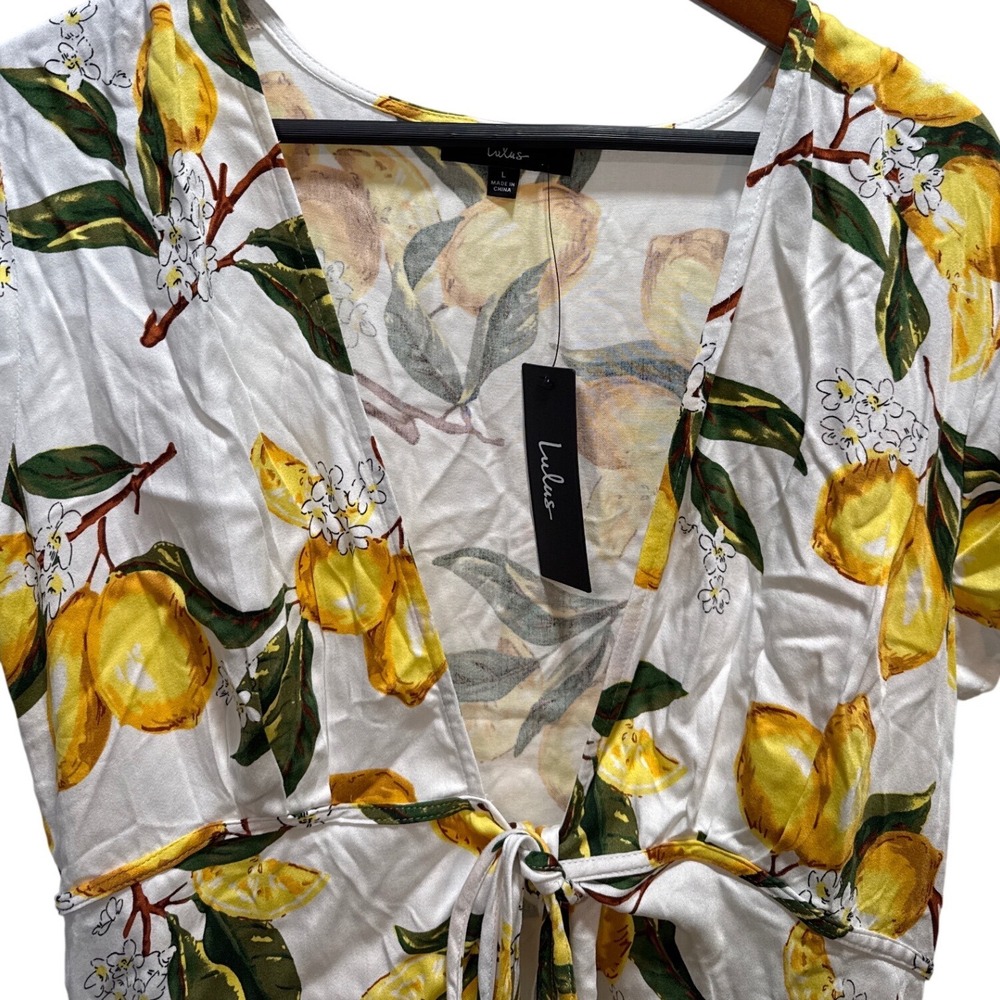 Lulus Lemon Print Mini Dress White Yellow Citrus Front Tie V-Neck Short Sleeve L - Picture 2 of 5